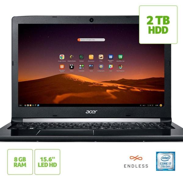 Notebook Acer A515-51-74ZA, Core I7 7500U, 15,6", RAM 8GB, HD 2 TB, Linux 7ª - Preto