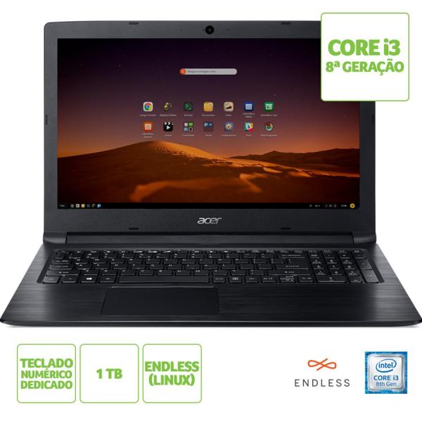 Notebook Acer Aspire 3 A315-53-365Q Intel Core I3-8130U 4GB RAM 1TB Tela de 15.6 HD Linux (Endless)