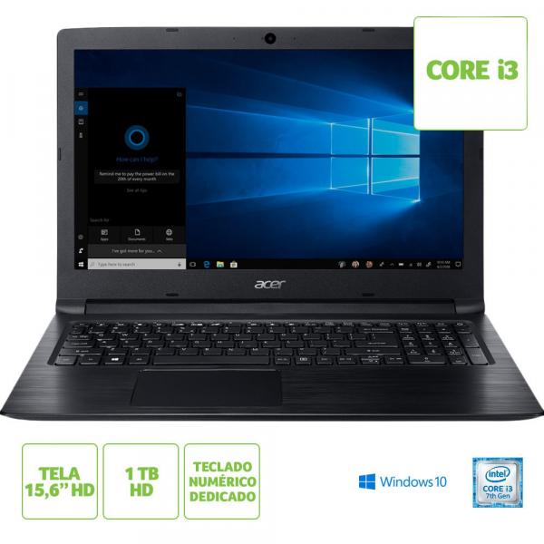 Notebook Acer Aspire 3 A315-53-333H Intel Core I3-7020U Memoria RAM de 4GB HD de 1TB Tela de 15.6" Windows 10
