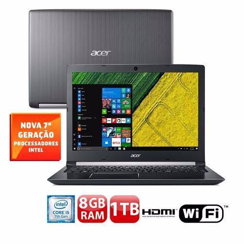 Notebook Acer Aspire A515-51-51UX 7ª Intel Core I5-7200 8GB DDR4, HD 1TB, Tela LED 15.6"HD LED, Windows 10 SL-PRATA, com Teclado Numérico.