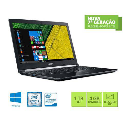 Notebook Acer NXGQBAL002 A515-51-52CT Core I5 7200U Kabylake 4GB 1TB Win10 15.6 FullHD USB 3.0 Hdmi