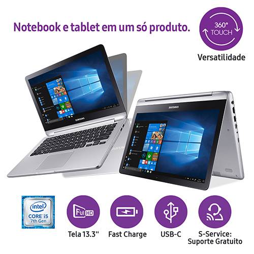 Notebook 2 em 1 Samsung Style Intel Core I5 4GB 500HD Tela Touch LED Full Hd 13,3" Windows 10 - Prata