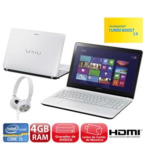Notebook Sony Vaio Fit SVF15213CBW com Intel® Core™ I5-3337U, 4GB, 750GB, Gravador de DVD, Bluetooth, LED 15.5" e Windows 8 + Headphone Sony ZX30 - no