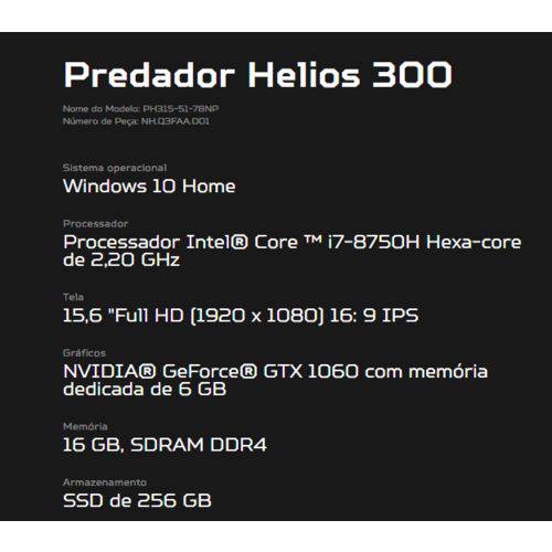 Tudo sobre 'Novo Notebook Acer Predator,intel I7 8ª Geraçao 16gb Ddr4, Ssd 256gb,tela 15,6" 144hz, Gtx 1060 6gb'