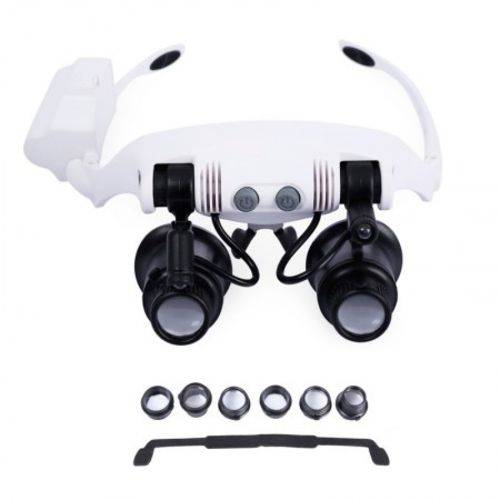 Oculos Lupa de Cabeça com 2 Leds e Kit de Lentes Ate 25x Branca para Leitura Estetica Dentista Medic