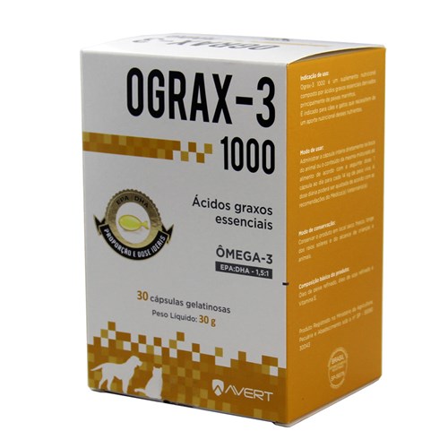 Ograx-3 1000 30 Caps Avert Suplemento Pele Cães e Gatos