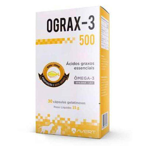 Tudo sobre 'Ograx-3 500 Suplemento 30 Cápsulas para Cães e Gatos Ômega 3 - Avert'