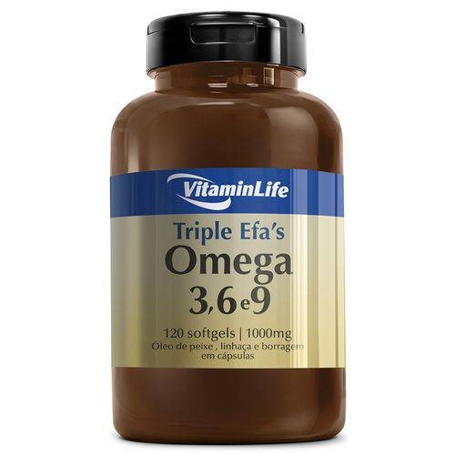 Óleo de Peixe, Linhaça e Borragem Triple Efa's Ômega 3,6 e 9 1000mg - Vitaminlife - 120 Softgels