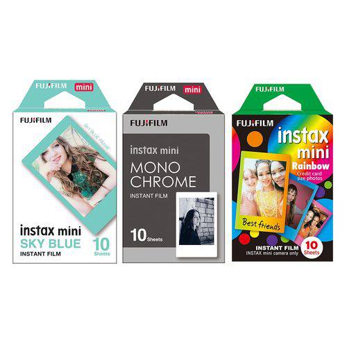 Pack Filmes Instantâneo Fujifilm: 10 Monochrome, 10 Bordas Coloridas e 10 Bordas Azuis