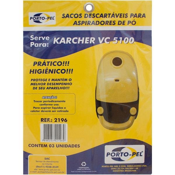 Pacote com 3 Sacos Descartáveis para Aspirador de Pó Karcher VC 5100 Porto-Pel 2196