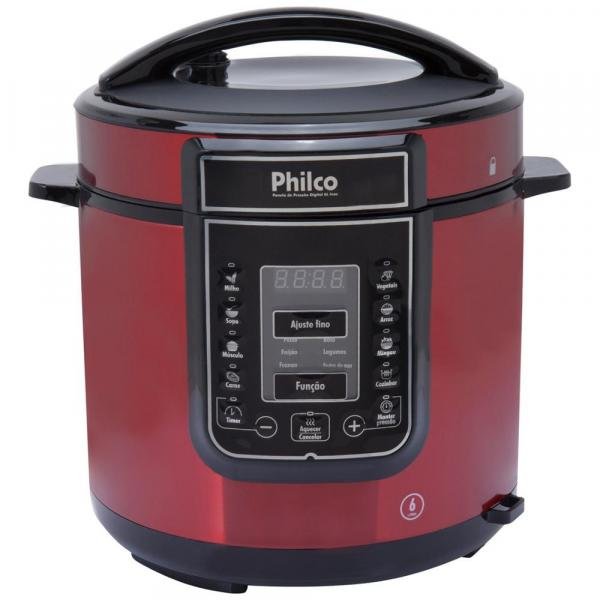 Panela de Pressão Elétrica Philco Digital 1000W 6L Timer Controle de Temperatura INOX Red PPP01