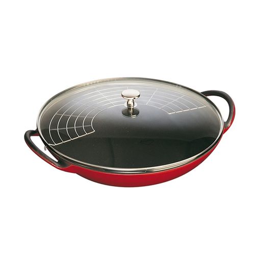 Panela Wok em Ferro Fundido com Tampa em Vidro 37cm Cereja Staub