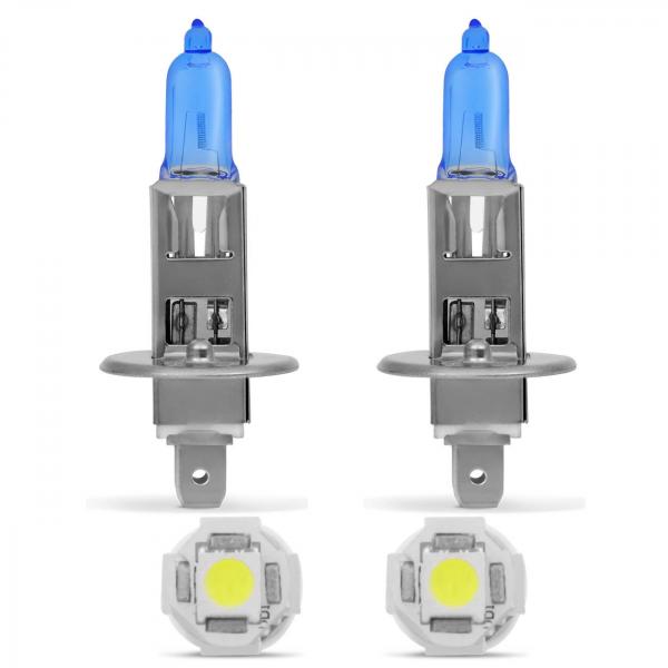 Par Lâmpadas Super Branca H1 6500K Efeito Xenon + Par Lâmpadas Pingo T10 5 LEDs - Kit Iluminação