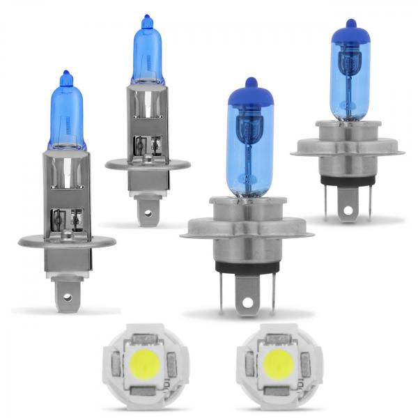 Par Lâmpadas Super Branca H4 + H1 Efeito Xenon + Par Lâmpadas Pingo T10 5 LEDs - Kit Iluminação