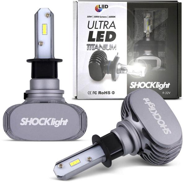Par Lâmpadas Ultra LED H3 6000K 12V 50W 8000LM Efeito Xênon Aplicação Farol Carro com Reator - Shocklight