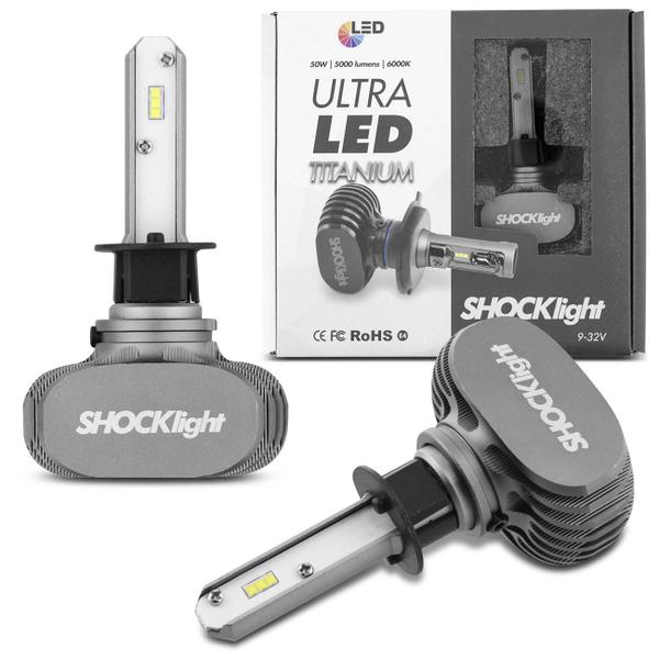 Par Lâmpadas Ultra LED H1 6000K 8000LM Efeito Xênon Aplicação Farol Carro com Reator - Shocklight