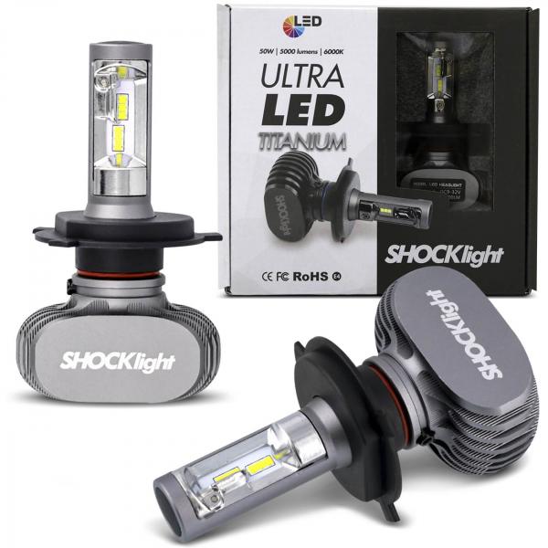 Tudo sobre 'Par Lâmpadas Ultra LED H4 6000K 10000LM com Reator Efeito Xênon Aplicação Farol Carro - Shocklight'