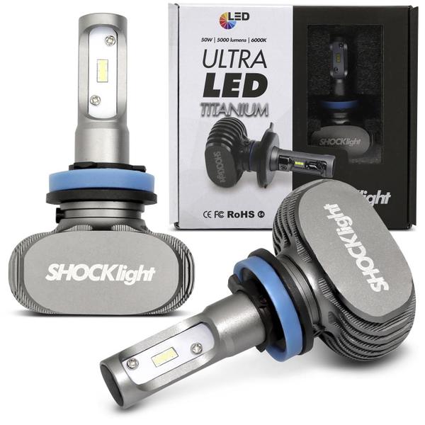 Par Lâmpadas Ultra LED H8 6000K 12V 32W a 50W 10000LM com Reator Efeito Xênon Aplicação Farol Carro - Shocklight