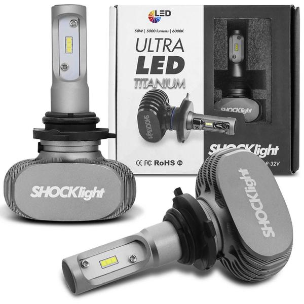 Par Lâmpadas Ultra LED HB4 9006 6000K 12V 50W 8000LM Efeito Xênon com Reator Aplicação Farol Carro - Shocklight