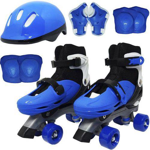 Patins Clássico Quad 4 Rodas Roller + Acessórios Masculino Azul Tam 29 30 31 32 Importway BW-017-AZ