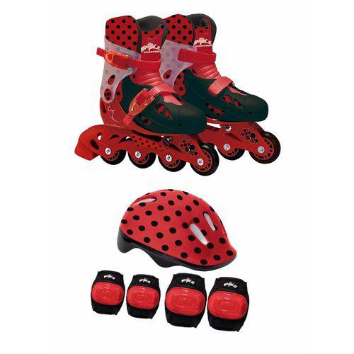 Patins Ladybug Infantil Ajustável N 33 a 36 com Kit Proteção