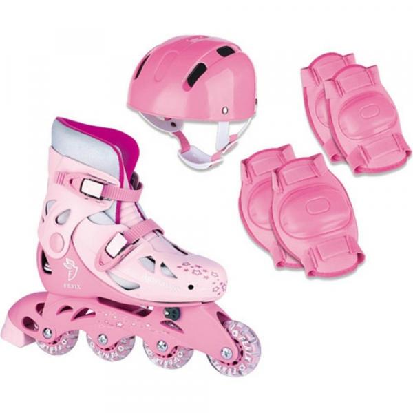 Patins para Meninas Roller Ajustável 38/41 com Kit de Proteção Rosa - Fênix