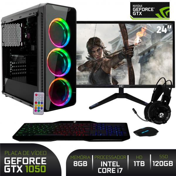 PC Gamer com Monitor LED 24" Full HD e Geforce GTX 1050 2GB Intel Core I7 8GB HD SSD 120GB HD 1TB Fonte 500W Gabinete RGB EasyPC