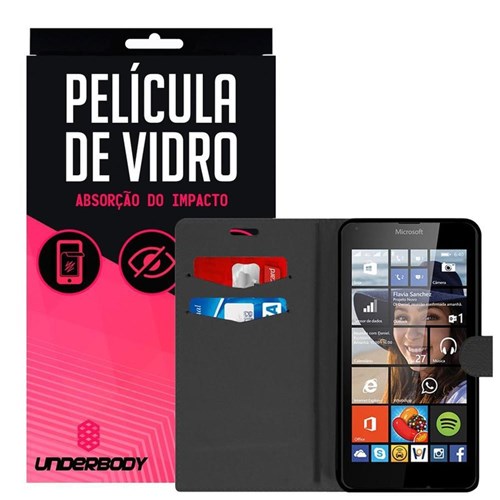 Película De Vidro E Capa Carteira Preta Para Nokia Lumia 640xl - Underbody