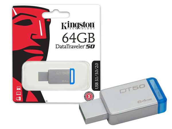 Pen Drive 64Gb DT50/64GB USB 3.1 Datatraveler 50 METAL AZUL Kingston
