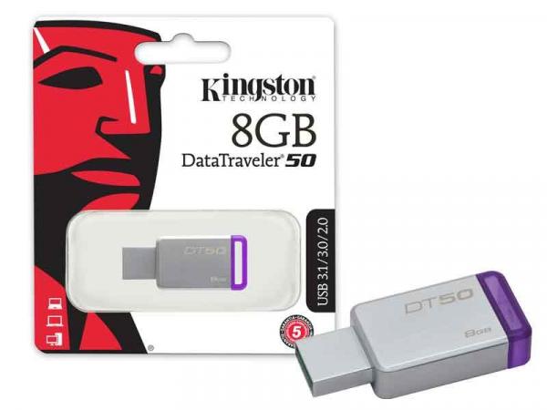 Pen Drive 8GB Kingston DT50/8GB USB 3.1 Datatraveler 50 Metal Roxo