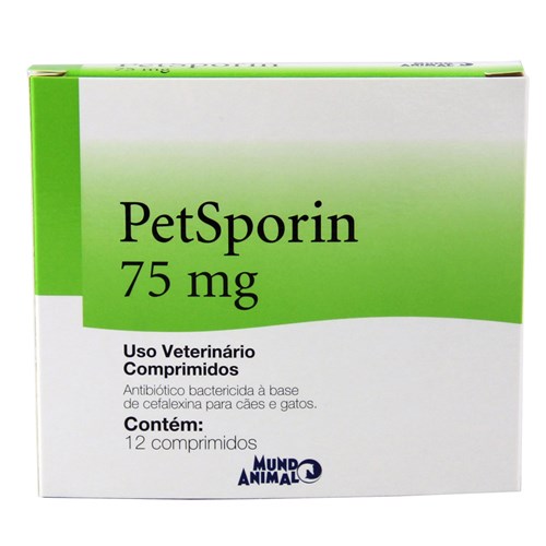 Petsporin 75mg 12 Comp Antibiótico Cães e Gatos Mundo Animal