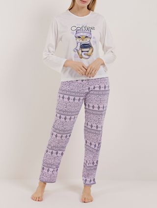 Pijama Longo Feminino Off White/lilás