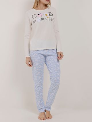 Pijama Longo Feminino Off White/lilás