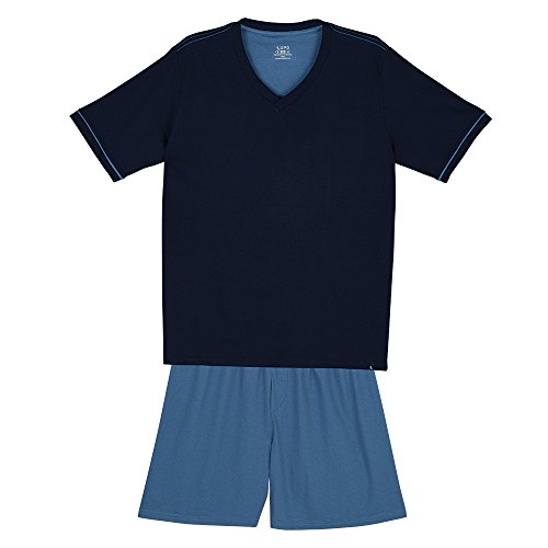 Pijama Lupo Curto Adulto Masculino Gola V (Adulto) Tamanho: M | Cor: Marinho/Azul