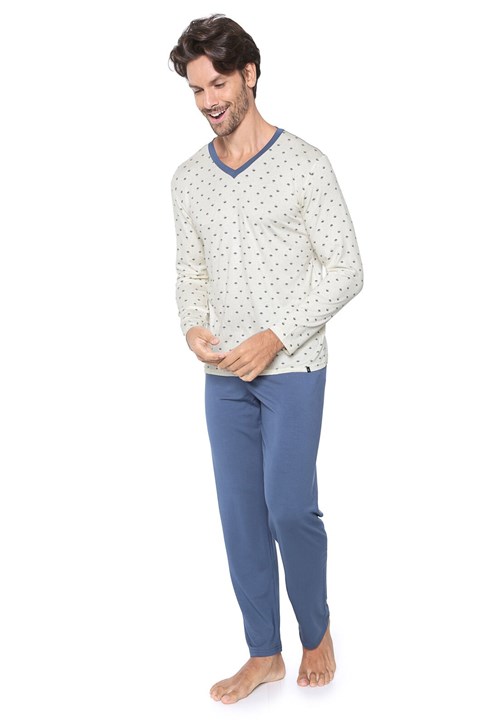 Pijama Lupo Estampada Off-White/Azul
