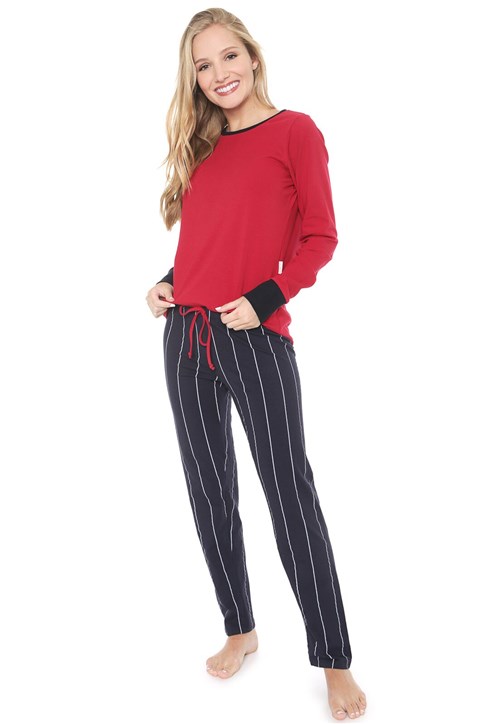 Pijama Lupo Listrado Azul-marinho/Vermelho
