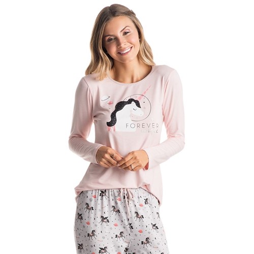 Pijama Unicórnio Estampado Rosa Claro/P