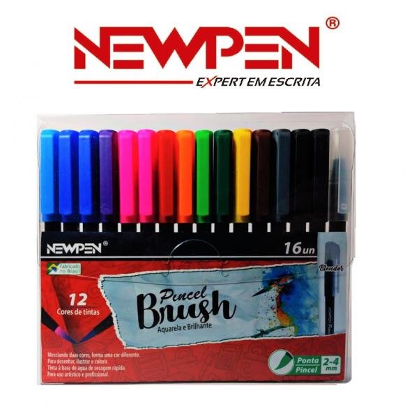 Pincel Brush Aquarela e Brilhante Newpen com 16