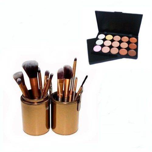 Pincel Maquiagem Profissional Kit C/ 12 Dourado + Paleta Base e Corretivo