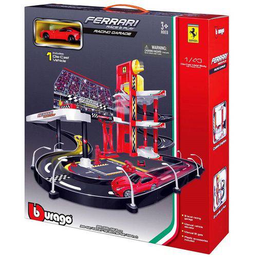Pista Grande Ferrari Corrida na Garagem e Carrinho - Possui 03 Níveis com Rampa , Elevador e uma Área de Pitstop - Burago