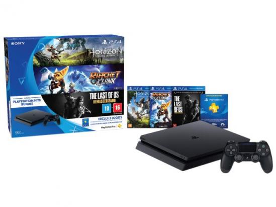 Playstation 4 500GB Sony Playstation Hits Bundle - 1 Controle 3 Jogos 1 Voucher PS Plus 3 Meses