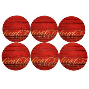Porta Copo Coca-Cola Wood Style com 6 Peças - Vermelho