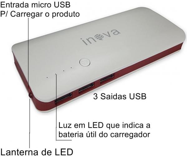 Power Bank Bateria Portátil 10.000mAh 3 USB Inova Vermelho - Nova Inova