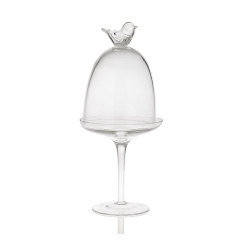 Prato Com Pedestal E Cúpula Bird Vidro Transparente Ø12cm