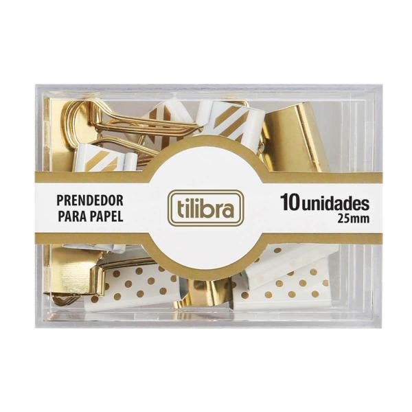 Prendedor de Papel 25mm Dourado, Listras e Bolinhas 10 Unidades - Tilibra