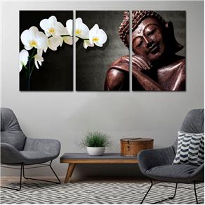 Quadro 60x120cm Buda Madeira Orquídea Branca Flores Decorativo Interiores