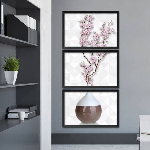 Tudo sobre 'Quadro 60x120cm Vaso Cerejeiras Rosas Flores Moldura Vidro Decorativo Interiores'