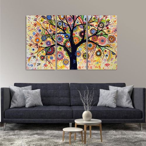Quadro Árvore Abstrata Colorida Decorativo em Tecido 3 Peças