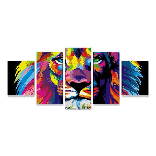 Tudo sobre 'Quadro Leão Colorido Moderno Decorativo Mosaico 5 Telas Tecido para Sala Quarto Escritório'