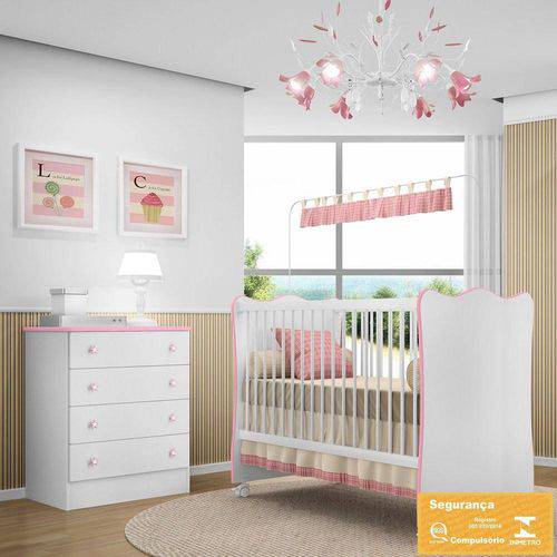 Quarto de Bebê com Berço e Cômoda Doce Sonhos (102 103) - Branco-Rosa